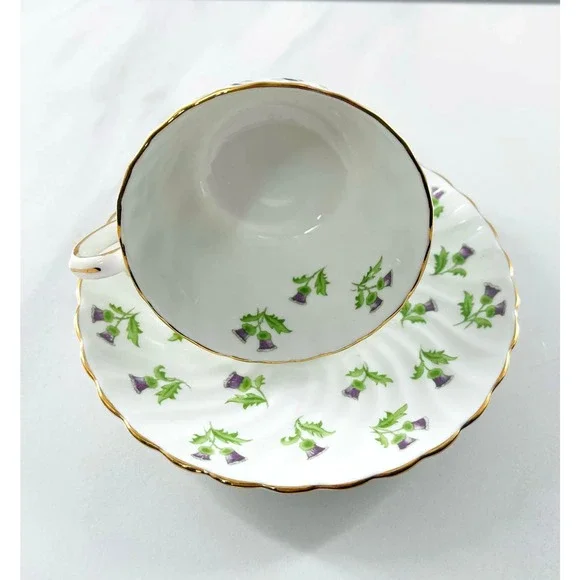 AYNSLEY BONE CHINA TEACUP & SAUCER SET / PURPLE THISTLE / MADE IN ENGLAND - Picture 6 of 10